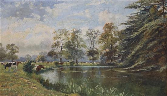 William Josiah Redworth (1873-1947) oil on canvas, cattle watering, 24 x 39cm